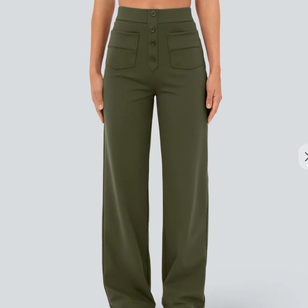 Viral Halara High Waisted Button Multiple Pockets Straight Leg Casual Pants